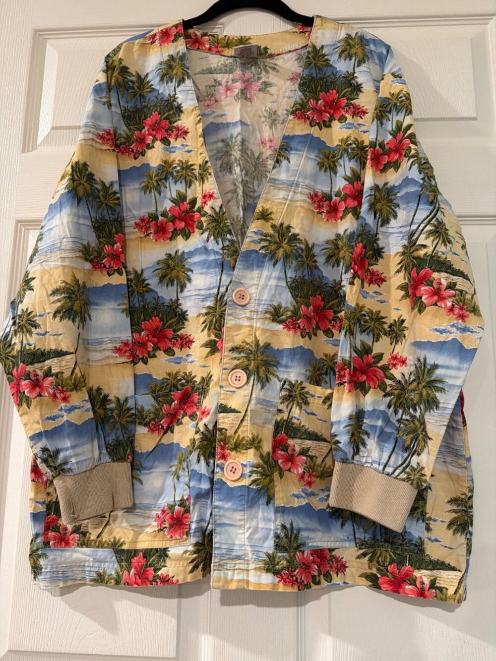S.C.R.U.B.S. Hawaiian Floral Print 100% Cotton Button-Up Cardigan With Pockets M